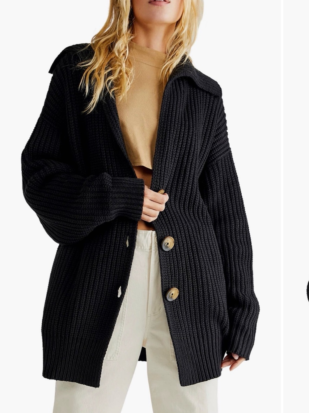 Free People Black Ribbed Button-Front Cardigan